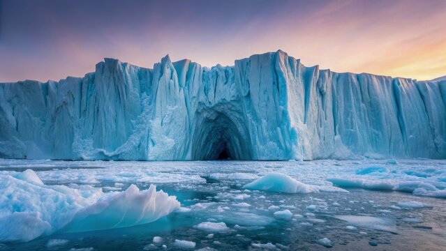 Glacier ice cave sunset polar ocean iceberg climate science research in ice regions evokes wonder and calm amid glowing sky over frozen water - Powered by Adobe