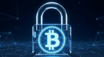 Bitcoin Security Concept. Digital Padlock with Cryptocurrency Symbol on Abstract Network Background.