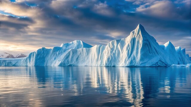 Iceberg polar glacier ocean winter arctic cold reflection Science research in ice regions guides careful study under calm sky and silent water