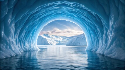 Science research in ice regions, glacier cave, blue ice, frozen water, polar landscape, arctic tunnel view, cold light awe