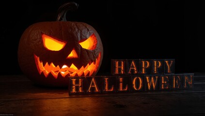 A jack o lantern glowing brightly next to happy halloween sign on a dark surface background
