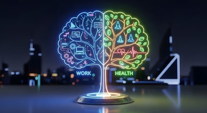 Digital Brain Tree: Work-Life Balance, Mental Health, Career, and Well-being Concept in a Modern Urban Landscape