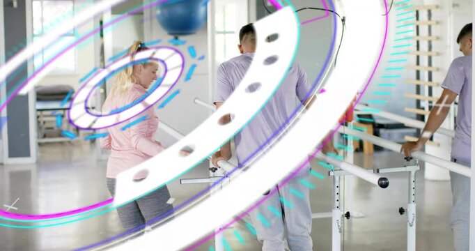 Overlay fading initiating rehab, therapist guiding clients in gait transferring and arm-pedaling