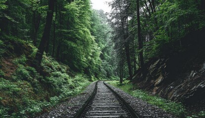 Lush forest path with railway track