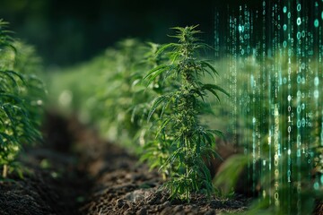 Cannabis plants in a field overlaid with digital code