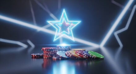 Shining Neon Star Over Poker Chips in a Dark, Futuristic Gaming Environment