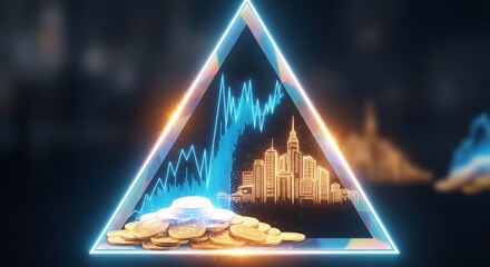 Financial Growth Triangle Concept with Cityscape, Stock Market Chart, and Gold Coins