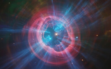 Obraz premium A vibrant, swirling nebula displays a central star-like core enveloped by expanding rings of luminous red and blue gases, radiating outward into the dark expanse of space