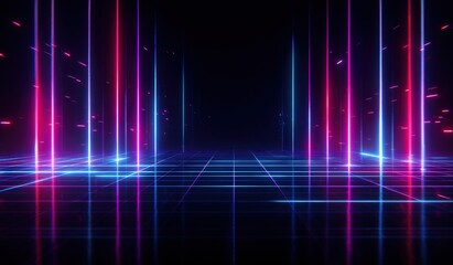 Fototapeta premium Neon grid pathway in a dark, futuristic environment
