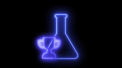 Neon light effect animation of a laboratory flask icon with a trophy. Science fair.