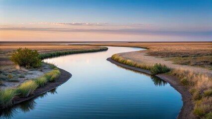 Fototapeta premium Science research in ice regions river twilight horizon serene reflection nature landscape waterway grass plain