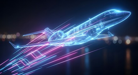 Futuristic Private Jet with Digital Wireframe and Glowing Speed Trails in Night Sky