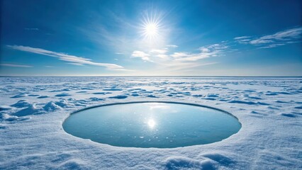 Science research in ice regions, polar sunlight over round melt pond, blue sky reflection, serene frozen landscape, climate study scene