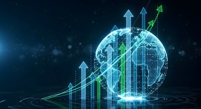 Global Growth & Progress: Digital Earth with Upward Arrows, Business & Technology Concept