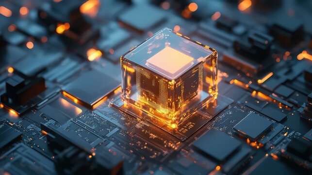 A closeup shot showcases a glowing cube on a computer circuit board, with a blurred dark blue and orange background - Powered by Adobe