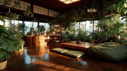 Indoor room with many plants wooden floor and large windows natural light.