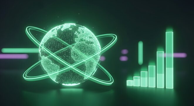 Green Digital Globe with Orbiting Rings and Rising Bar Chart. Global Technology, Data & Growth Concept.