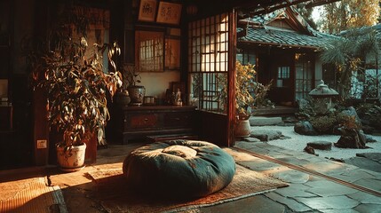 Traditional japanese house interior with plant tatami mat and soft light.