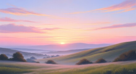 Pastel Sunrise Over Rolling Hills and Misty Valley