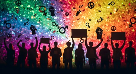 Silhouettes of diverse activists protesting for social justice and equality against a vibrant rainbow background with gender and peace symbols.