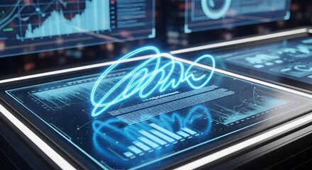 Digital Signature on Futuristic Tablet Interface with Data. Electronic Authentication and Secure Transaction Concept.