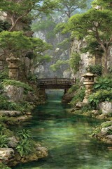 A serene, tranquil garden scene displays a babbling brook, a wooden bridge, and lush greenery, with a calming and peaceful aesthetic.
