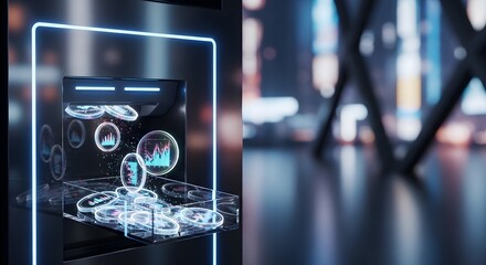 Futuristic Digital Currency & Data Flow: Glowing Crypto Tokens from Abstract Machine in Modern Tech Environment