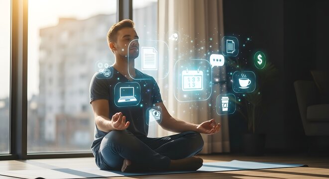 Mindfulness in Digital Age: Man Meditating Amidst Tech Icons for Balance & Peace