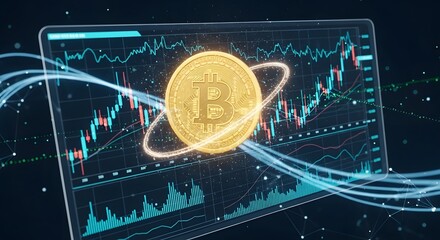 Golden Bitcoin Coin on Digital Trading Chart with Futuristic Data Flow and Market Analytics