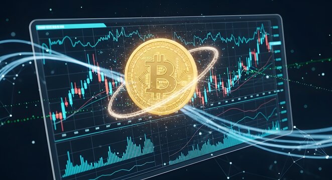 Golden Bitcoin Coin on Digital Trading Chart with Futuristic Data Flow and Market Analytics - Powered by Adobe