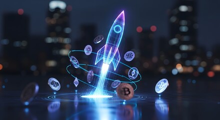 Fototapeta premium Futuristic Neon Rocket Launch with Digital Coins. Concept of Technology Startup, Blockchain, and Financial Growth.
