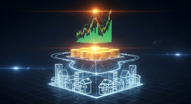 Futuristic Digital City Network with Financial Growth Chart and Data Blocks - Powered by Adobe
