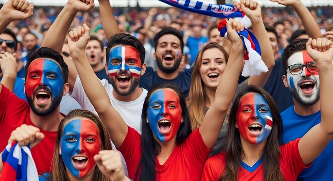 Passionate sports fans with painted faces celebrating and cheering in a vibrant stadium crowd