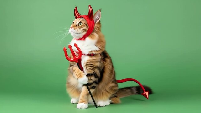 Tabby cat dressed as devil with horns and pitchfork on green background