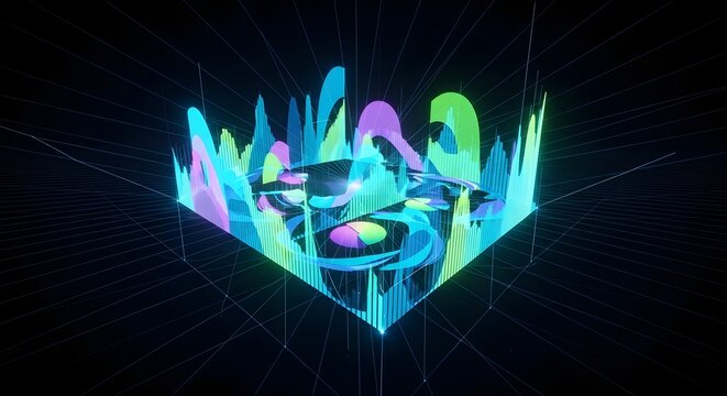 Abstract neon fluid shapes in futuristic digital cube. Dynamic glow, vibrant colors, data visualization concept, tech background.