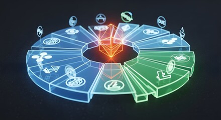 Futuristic Digital Ecosystem Concept with Interconnected Icons and Central Data Flow