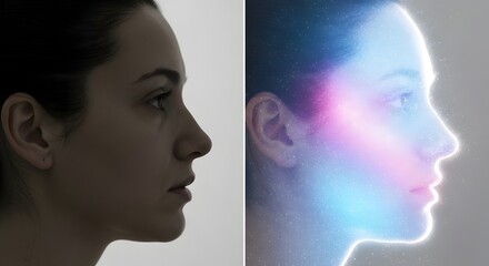 Woman's Face Profile: Before and After Digital Enhancement with Glowing Overlay