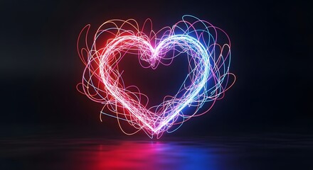 Vibrant Glowing Neon Heart with Red and Blue Light Trails on Dark Background