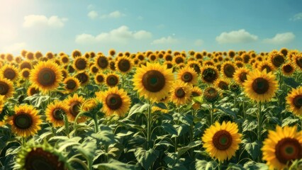 Fototapeta premium Sunflowers field under a partly cloudy sky