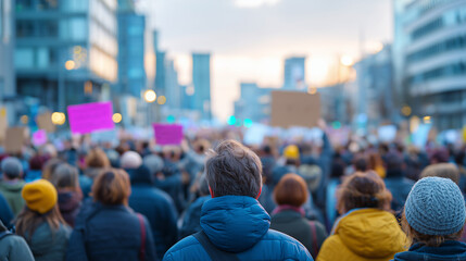Fototapeta premium Protest Demonstration Crowd With Placards