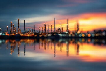 Obraz premium Blurred industrial complex at sunset reflected in water