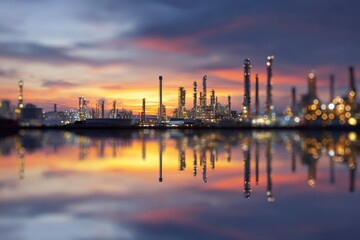 Fototapeta premium Industrial complex at sunset, reflected in water