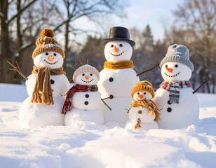 Three snowmen wearing colorful scarves and hats smiling outdoors, representing friendship, winter joy, and Christmas celebration under soft sunlight.