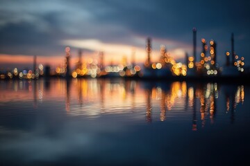 Blurred industrial cityscape reflected in water at twilight