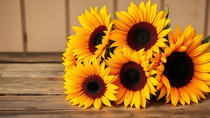 Sunflowers on a rustic wooden surface with warm golden tones and a softly blurred background.