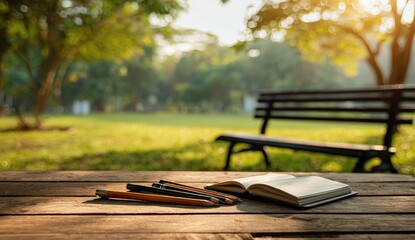 Outdoor study scene with a park bench