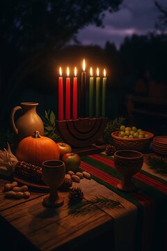 Kwanzaa Table Setting Festive Table Setting for Autumn Gathering with Candles and Harvest