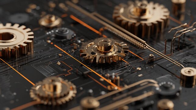 Golden gears and circuit details create a complex, mechanical abstraction