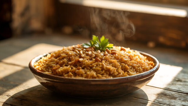 A photograph of a steaming bowl of Turkish pilaf, showcasing its signature crumbly texture. The pilaf is served in a rustic earthenware bowl, garnished with toasted pine nuts and a sprig of fresh pars