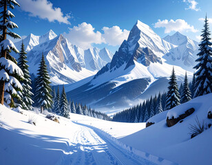 Fototapeta premium Majestic snow-covered mountain peaks with pine trees and clear blue sky, symbolizing purity, adventure, freedom, and the beauty of untouched winter landscapes.